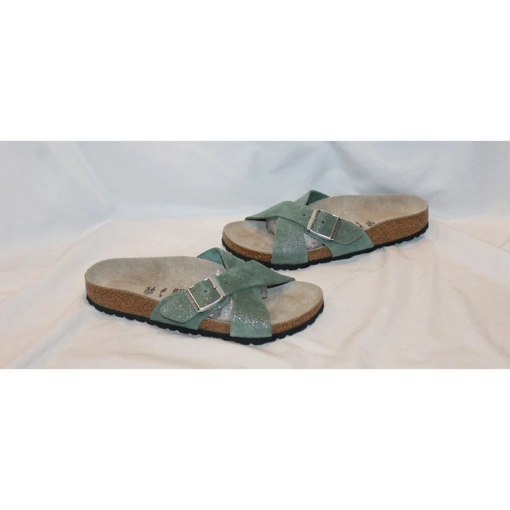 Birkenstock Women's Siena Suede Cross Sandals Thyme Metallic EU 36 NARROW NIB